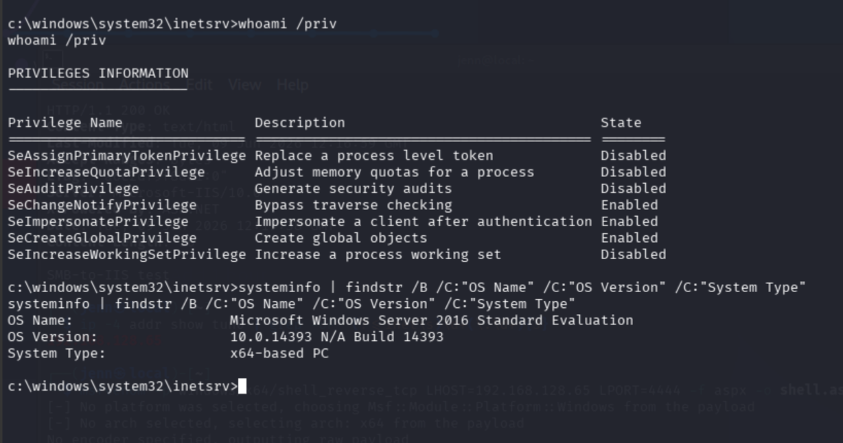 whoami /priv output showing SeImpersonatePrivilege is enabled